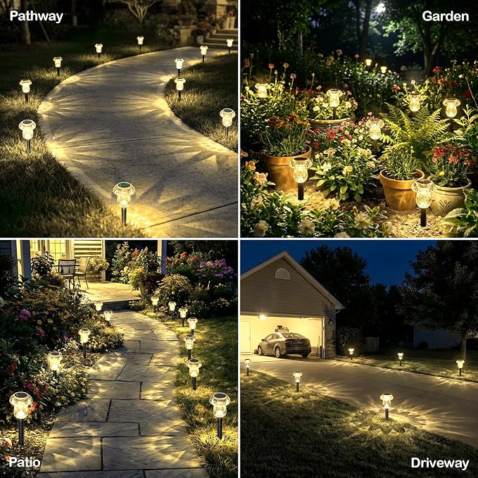 16Pack Solar Pathway Lights Outdoor 3000K Warm White Mushroom Decor | Waterproof Garden Outside Yard Walkway Landscape Path Lighting, LED Auto On/Off Decorations, Acrylic Diamond-like Lampshade