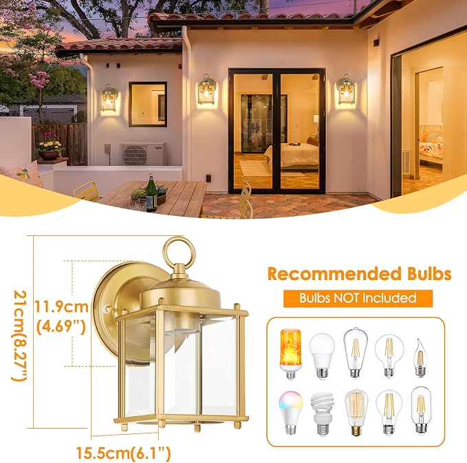 MATAMEYE Outdoor Wall Lantern, Exterior Waterproof Wall Sconce Light Fixtures, Gold Front Door Lighting with Clear Beveled Glass Shade, 2 Pack