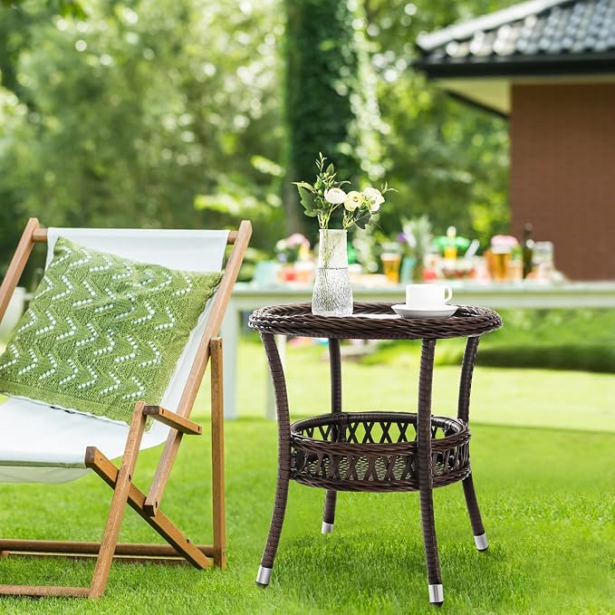 Outdoor Side Table Set of 2 Wicker End Table for Patio Rattan Side Table for Outside Brown Outdoor Patio Coffee Table with Storage & Glass Table Top Round for Backyard Porch