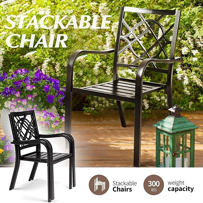 Crownland 5 Piece Patio Dining Set, 4 Stackable Metal Chairs and Square Outdoor Dining Table with 9FT Sky Blue Round Outdoor Umbrella (Metal Tabletop)