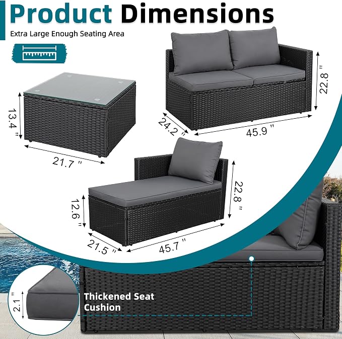 SUNLEI Patio Furniture Set with Detachable Soft Cushions, Outdoor PE Rattan Patio Conversation Sofa Set, 3-Piece Patio Sectional Sofa with Glass Coffee Table (Black Rattan&Charcoal)