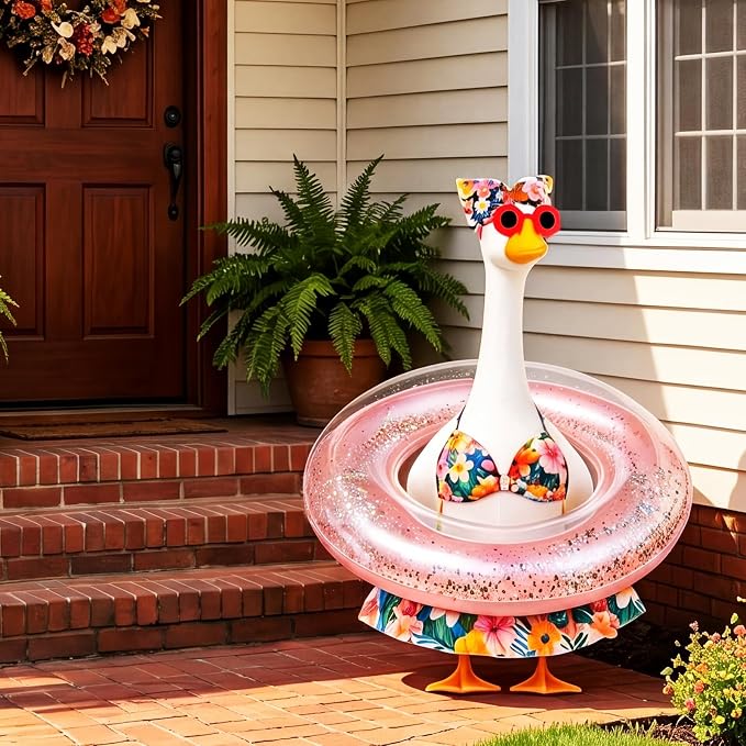 23 in Porch Goose Summer Outfit Bikini, Hawaiian Porch Goose Swimsuit Clothes Costume Accessories with Bow Glasses Swim Ring for 23" Summer Goose Garden Patio Statue Decor (Flower)