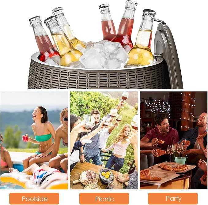Tangkula 9.5 Gal Cooler Bar Table, Patio Wicker Ice Cool Bar Table, Outdoor Rattan Bar Table with Ice Bucket, Ice Bucket with Side Handles & Lid, Beer & Wine Cooler for Party, Poolside, Deck, Yard