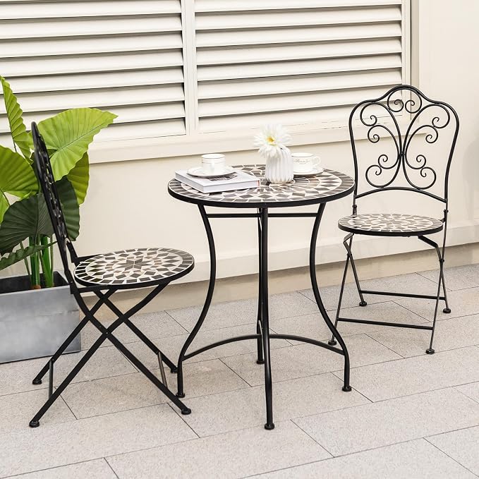 Giantex 24 Inch Patio Bistro Table, Mosaic Round Table w/Ceramic Tile Tabletop, Heavy-Duty Metal Structure, Outdoor Dining Table for Backyard, Garden, Porch (Black (Star Pattern))