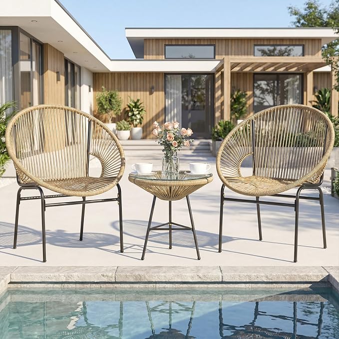 COSTWAY 3-Piece Outdoor Acapulco Chair Set, Wicker Conversation Bistro Sets with Plastic Rope, Glass Top Table, Patio Rattan Furniture Set for Garden, Balcony, Lawn, Backyard, Apartment (Brown)