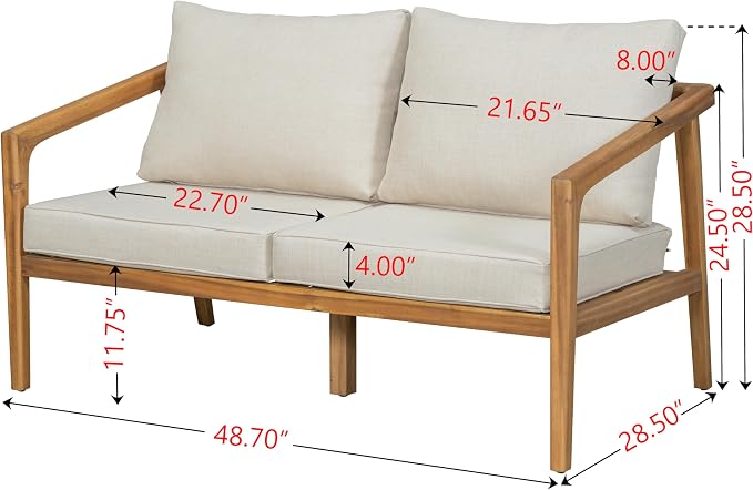 Merax 1 Piece Patio Outdoor Furniture Set, All-Weather Acacia Wood Lovesear Sofa w/Coushions for Porch, Lawn, Backyard, Balcony Teak+ Beige
