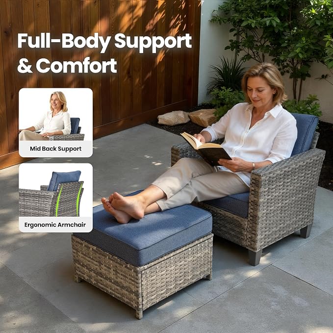 8 Piece Wicker Patio Furniture Set with Solar Table, Denim Blue | Outdoor Deep Seating Sofa Chair Ottoman, Solar Lights Table, All Weather Rattan, Modern Conversation Set, Porch Deck Backyard