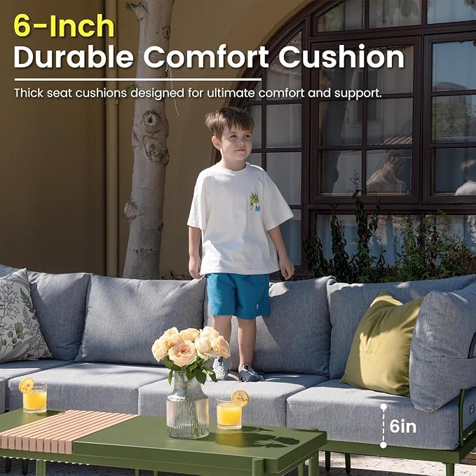 Sundale Outdoor 5 Pieces Patio Furniture Set, Metal Sectional Sofa Patio Conversation Set with Coffee Table, Modern Patio Corner Couch for Balcony, Porch, Sunroom (Grey/Green)