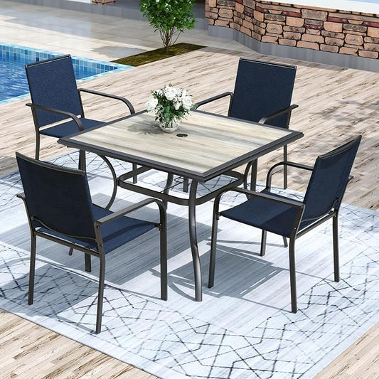 Anmutig 5-Piece Outdoor Patio Dining Set 37 Inch Square Wooden-Like PVC Table with 4 Stackable Chairs for Garden Backyard Blue