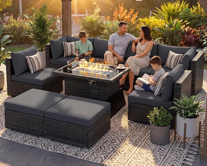 RADIATA 9 Piece Wicker Patio Furniture Set with Fire Pit, All-Weather Outdoor Sectional Couch High Back Large Size, Modular Backyard Seating Sofa Set with Propane/Natural Gas Firepit Table, Dark Grey