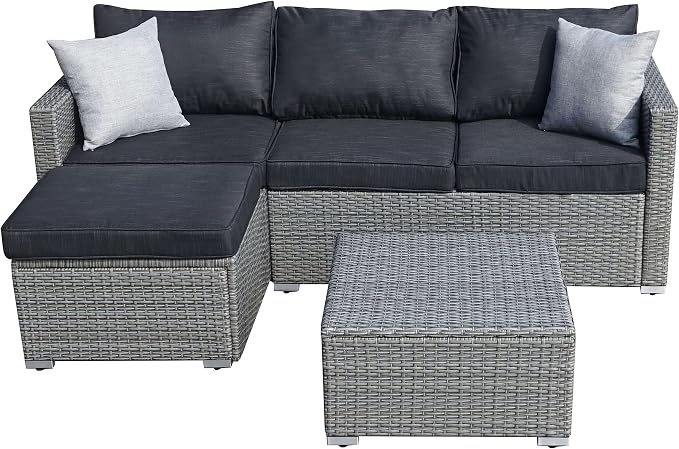 Suntone 3 Pieces Patio Furniture Sets Outdoor Sectional Patio Sofa All-Weather Grey Wicker Sofa Small Patio Conversation Set Patio Couch with Washable Black Cushion and Glass Table