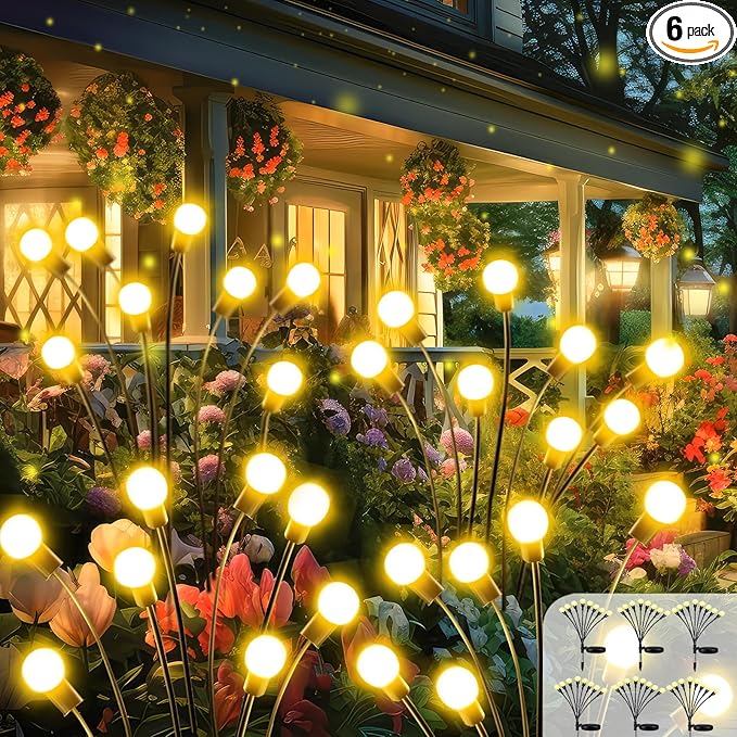 6 Pack Solar Garden Lights, 48 LED Firefly Lights Solar Outdoor Waterproof | 2 Lighting Modes, Sway with Wind, Solar lights Outdoor for Garden Yard Patio Pathway Holiday Decorations, Warm White