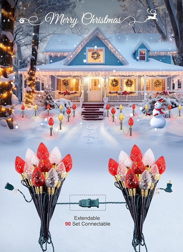 2 Pack Strawberry C9 Christmas Pathway Lights Outdoor, Total 34.8 Feet | 20 LED C9 Pathway Lights, Connectable Christmas Light Outdoor Decoration for Lawn Yard Holiday Walkway, Red & Warm White