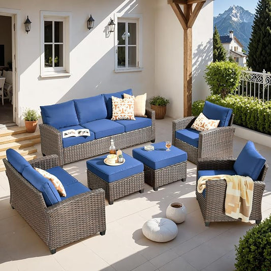 CAODOC Patio Furniture Set, Outdoor Wicker Furniture with Ottomans, 6 Pieces Patio Sectional Sofa Couch Conversation Set for Garden Poolside Backyard, Brown Rattan Blue Cushions