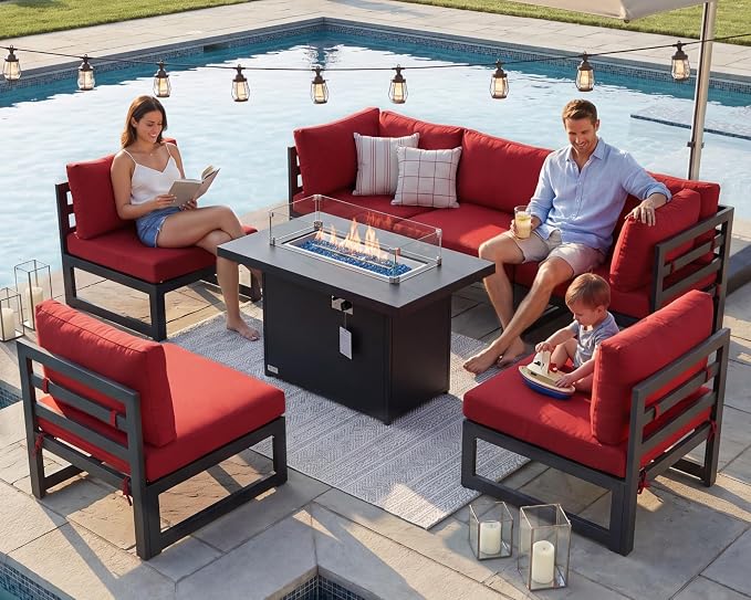 NICESOUL 6 Person Oversized Modular Aluminum Outdoor Furniture Set with Fire Pit Table, 29" Deep Wide Sectional Seating, 500 lbs High Weight Capacity Patio Conversation Set for Garden Deck, Burgundy