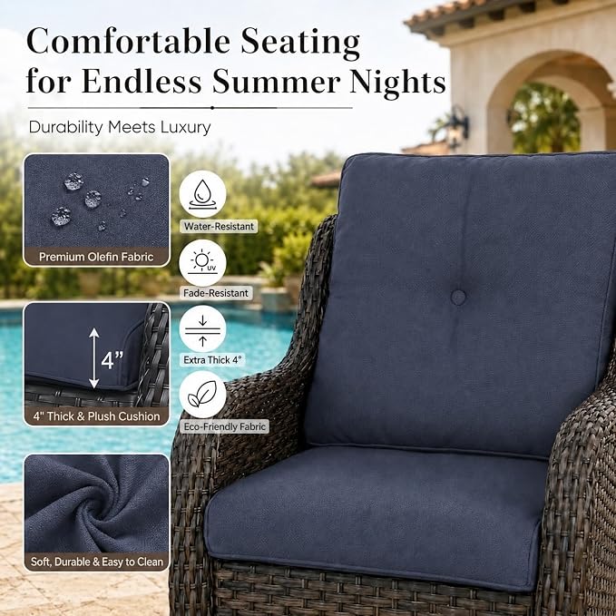 HUMMUH 2-Piece Patio Swivel Rocker Chairs Set, Wicker Outdoor Seating | 50,000 BTU fire pit, powder-coated steel frame, PE wicker, 360-degree swivel, 4-inch thick sponge cushions