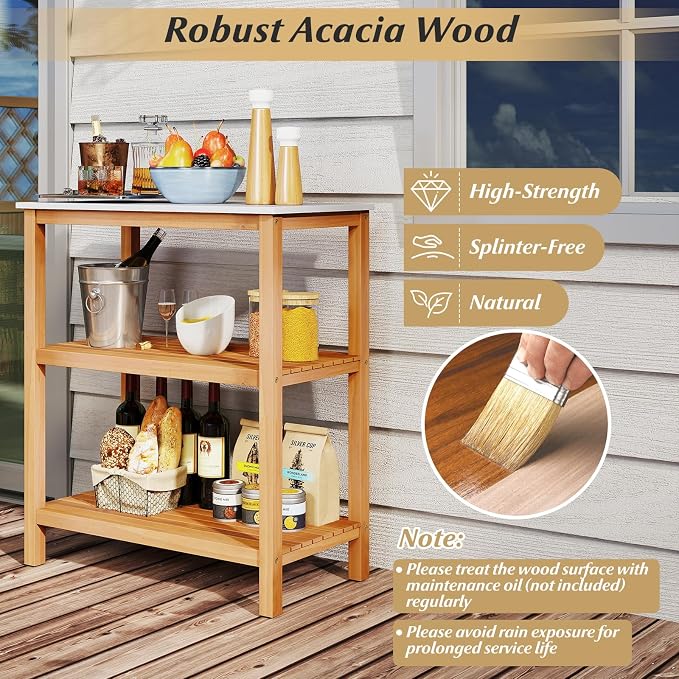 Goplus Patio Wooden Sideboard, 3-Tier Acacia Outdoor Kitchen Buffet Organizer w/Marble-Like Countertop & 2 Slatted Shelves, Garden Potting Bench Table & Plant Stand for Backyard, Garden, Deck