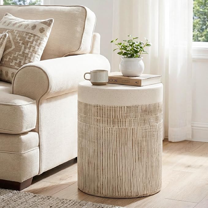 HOMPUS Outdoor Side Table, Concrete Side Table Design Vertical Thread, Patio Round Accent Coffee Table, Lightweight MgO Garden Tool for Patio, Porch and Deck, Light Beige