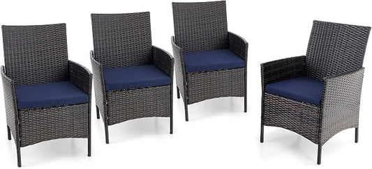 PHI VILLA Wicker Patio Dining Chairs Set of 4 with Removable Cushions | 4 Rattan dining chairs with thick removable seat cushions. Sturdy steel frame, easy assembly.