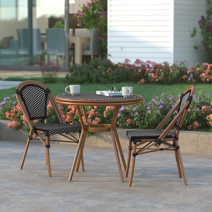 EMMA + OLIVER Colmar Indoor/Outdoor Bistro Table - Black & White Woven PE Rattan Pattern - Tempered Glass Top - Bamboo Finish Metal Frame - 31.5 in.