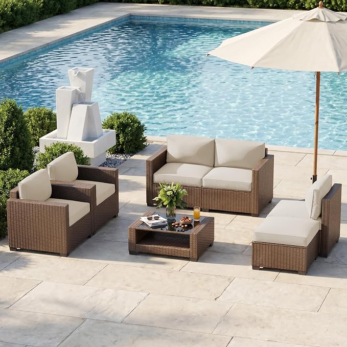 Patio Furniture Set, 7-Piece Outdoor Sectional Couch with Coffee Table & Thick Cushions, Outdoor Wicker Conversation Set for Backyard, Poolside, Garden (Brown-White, 7 Piece-Double)