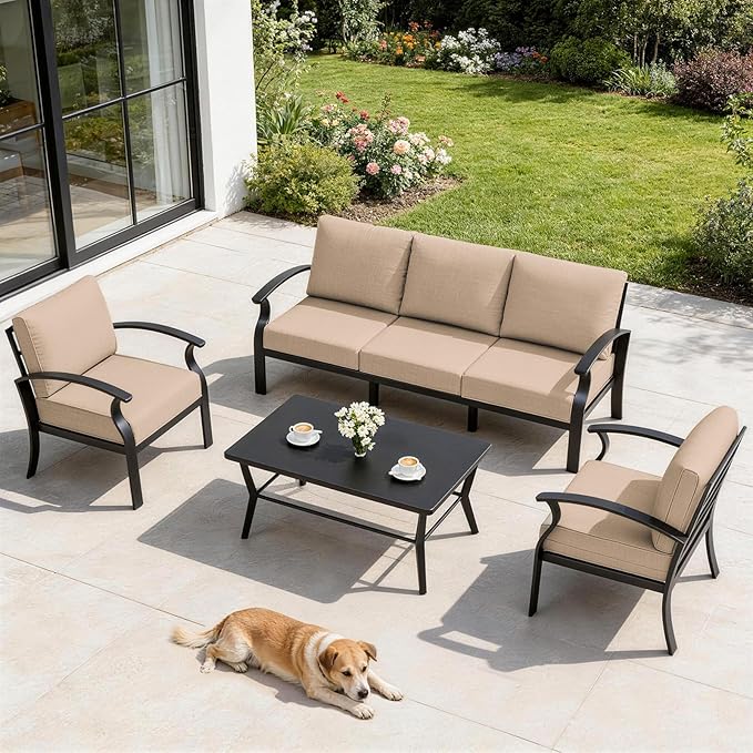 Gotland Aluminum Patio Furniture Set with Rectangular Coffee Table, Metal Patio Furniture with 5 Seats Waterproof 5.1'' Seat Cushions, Outdoor Sectional Patio Conversation Sets for Balcony Khaki