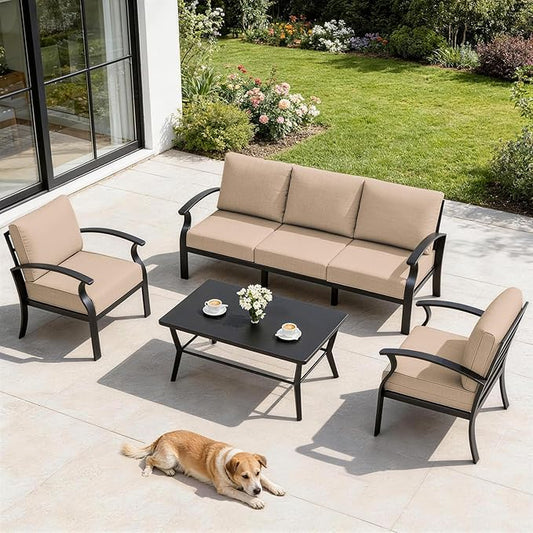 Gotland Aluminum Patio Furniture Set with Rectangular Coffee Table, Metal Patio Furniture with 5 Seats Waterproof 5.1'' Seat Cushions, Outdoor Sectional Patio Conversation Sets for Balcony Khaki