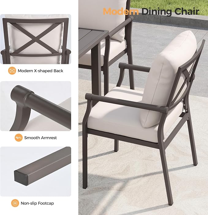 HAPPATIO Patio Dining Set, Metal Outdoor Table and Chairs Set for 8, Powder-Coated Metal Chairs with Thickened Cushions, 60" Rectangular Table with 1.5" Umbrella Hole for Deck Yard Lawn