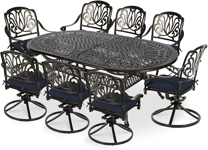 VIVIJASON 9-Piece Patio Furniture Dining Set, All-Weather Cast Aluminum Outdoor Conversation Set, Include 8 Swivel Dining Chairs and an Oval Table with Umbrella Hole, Navy Blue Cushion