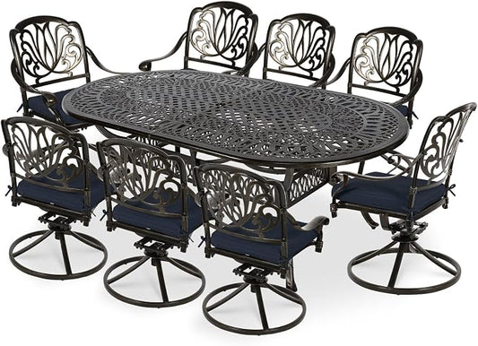 VIVIJASON 9-Piece Patio Furniture Dining Set, All-Weather Cast Aluminum Outdoor Conversation Set, Include 8 Swivel Dining Chairs and an Oval Table with Umbrella Hole, Navy Blue Cushion
