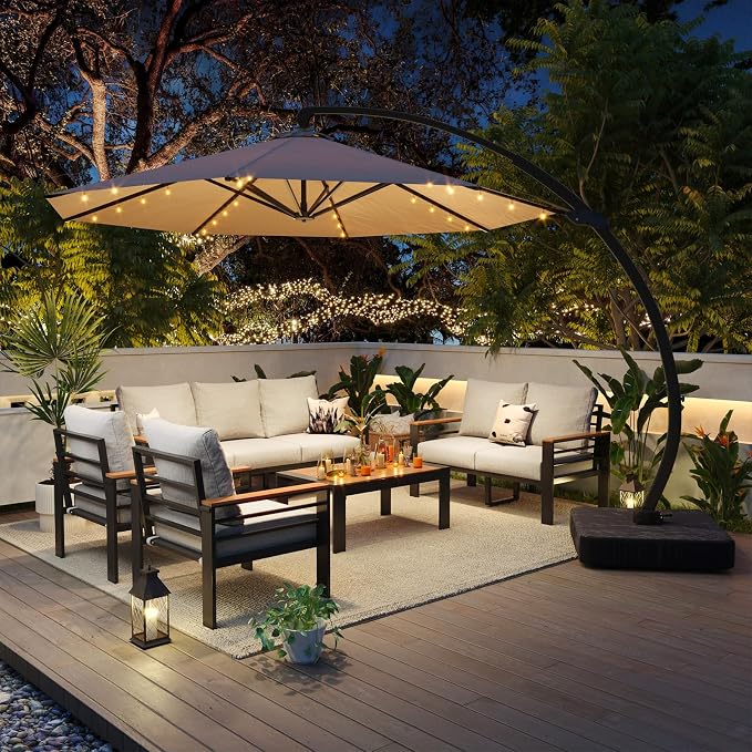 Aoxun Aluminum Patio Furniture Set with Umbrella 7 Seats, Oversized Outdoor Sectional with Washable Thick Cushions, Coffee Table, Patio Conversation Sets for Porch, Balcony, Deck