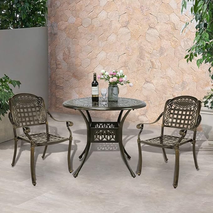 VIVIJASON 3-Piece Outdoor Patio Bistro Set, All-Weather Cast Aluminum Furniture Dining Sets Include 2 Chairs and 35.4" Round Table w/Umbrella Hole for Balcony, Lawn, Garden, Backyard, Antique Bronze