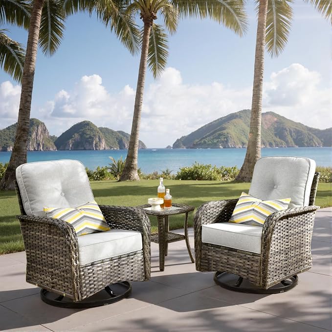 3-Piece Outdoor Patio Furniture Set with Swivel Chairs, Outdoor Conversation Wicker Sofa with Coffee Table, Rattan Couch for Deck Yard Poolside, Grey