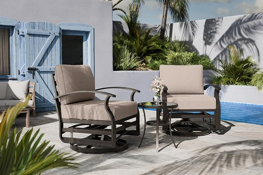Outdoor Patio Furniture Set, 3 Piece Aluminum Metal Chairs Swivel Rocker, Overstuffed Washable Cushions Bistro Set for Porch, Balcony, Deck, Garden