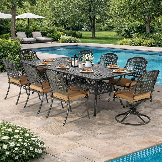 VIVIJASON 9-Piece Outdoor Dining Set, Cast Aluminum Patio Table & Chair Furniture Set for 8, Include 94.5" Rectangular Table, 2 Swivel Rocker Chairs, 6 Stationary Chairs, Umbrella Hole, Khaki Cushion