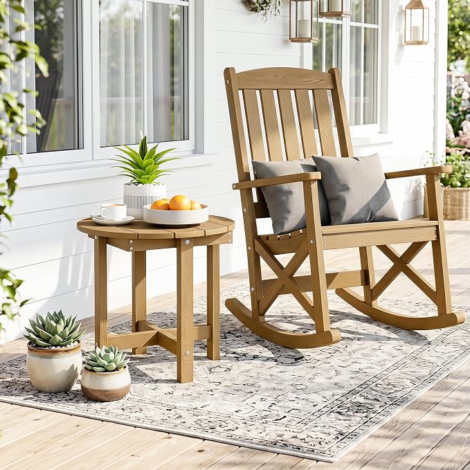 Tangkula Round Outdoor Side Table, Adirondack Side Table with Weather-Resistant, Waterproof Top, Small Outside End Table for Patio Deck Pool Porch, Easy Maintenance (Brown,1)