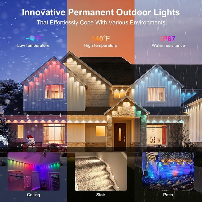 Super RGB Permanent Outdoor Lights 150FT, Smart RGB+IC Eave Lights with Remote APP Control, DIY LED Color Individual, White & Colorful Christmas String Light, IP67 Waterproof for House Outside Decor