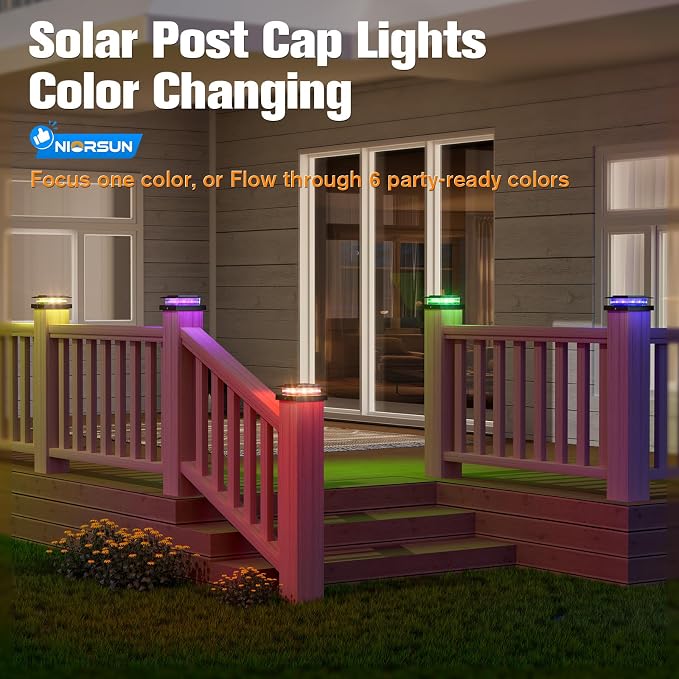 4x4 Post Solar Lights Color Changing,Solar Post Light, 6 Pack Black | RGB Solar Post Cap Lights for 4x4 Post Caps Wood Vinyl,IP44 Waterproof Fence Post Solar Lights Outdoor, Solar Deck Post Light