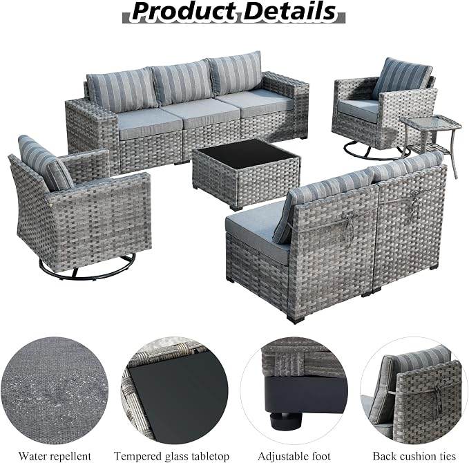 HOOOWOOO Outdoor Patio Sectional Furniture Sofa Set with Fire Pit Table,10 Piece Modern Wicker Couch with Swivel Chairs,Modular Conversation Seating Set with Widened Armrest for Garden(Grey Strips)