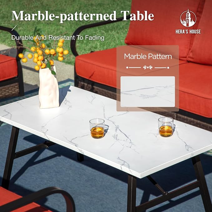 HERA'S HOUSE 6 Piece Metal Patio Furniture Set, All Weather Outdoor Conversation Set with 3-Seat Sofa, 4 Fixed Chairs & Coffee Table, 7 Seats for Backyard, Garden, Deck, Red