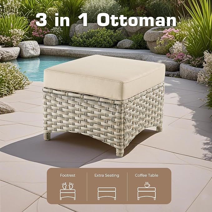 5-Piece Outdoor Patio Furniture Set,All Weather Wicker Rattan Patio Seating Sofa and Chair Set with Ottomans,Outdoor Conversation Sets with 3 Seater Couch for Porch Deck Yard,Beige