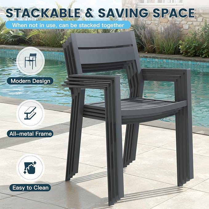 VICLLAX Patio 5 Pieces Outdoor Dining Set, Wrought Iron Metal Outdoor Table and Chairs Set, 40.6" Round Table with Umbrella Hole and 4 Stackable Chairs for Lawn, Garden, Porch, Dark Grey/Grey