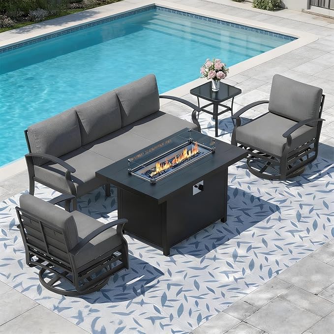 Aluminum Outdoor Patio Furniture Set,5 Pieces 5 Seats Metal Patio Sectional Furniture Set,Patio Conversation Sets with 45" Propane Fire Pit Table,Swivel Rocking Chairs Set,Grey