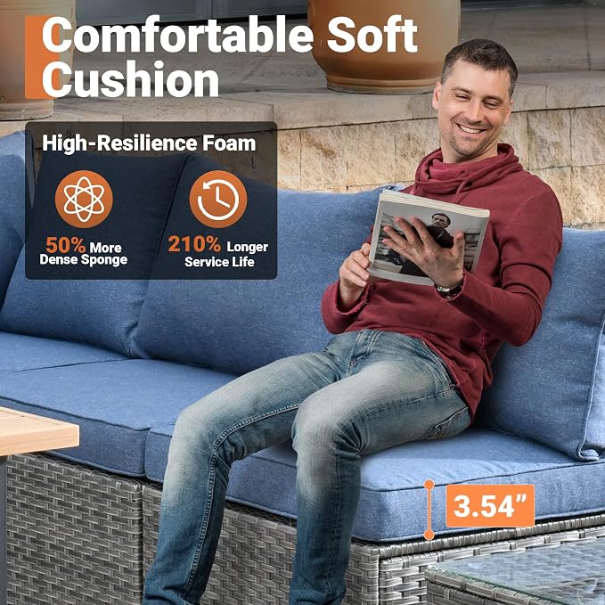 ovios 11 Piece Outdoor Patio Furniture Set with Fire Pit Table,Conversation Sectional Wicker Couch with Swivel Chairs,Modern Outside Sofa for Balcony Backyard, Navy Blue