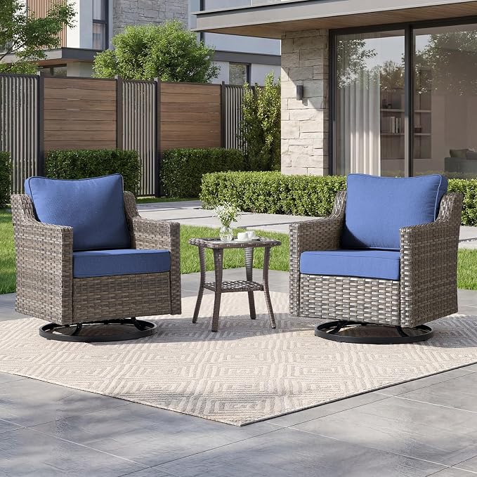 Luxury Patio Furniture sofa Set - 3 Pieces All Weather Wicker Outdoor Couch and High Back Swivel Rocker Patio Chairs with Glass coffee table for Deck Yard and Poolside Gray Wicker | Blue Cushions