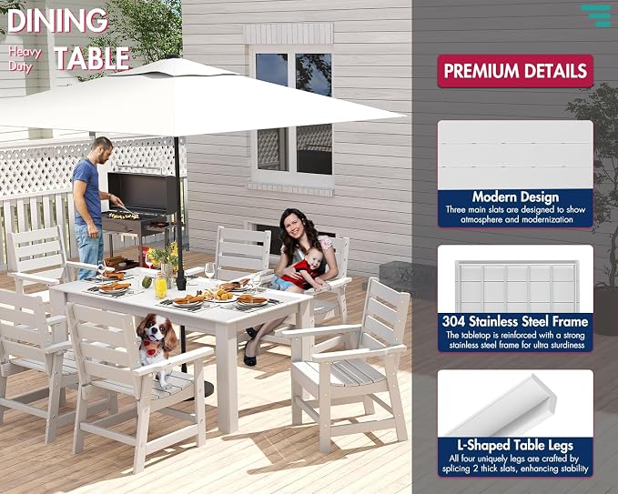BRIOPAWS Outdoor Dining Table | HDPE | 67” Patio Rectangle Tables | All Weather | Umbrella Hole | Patio Furniture Set for 4-6 Person | White