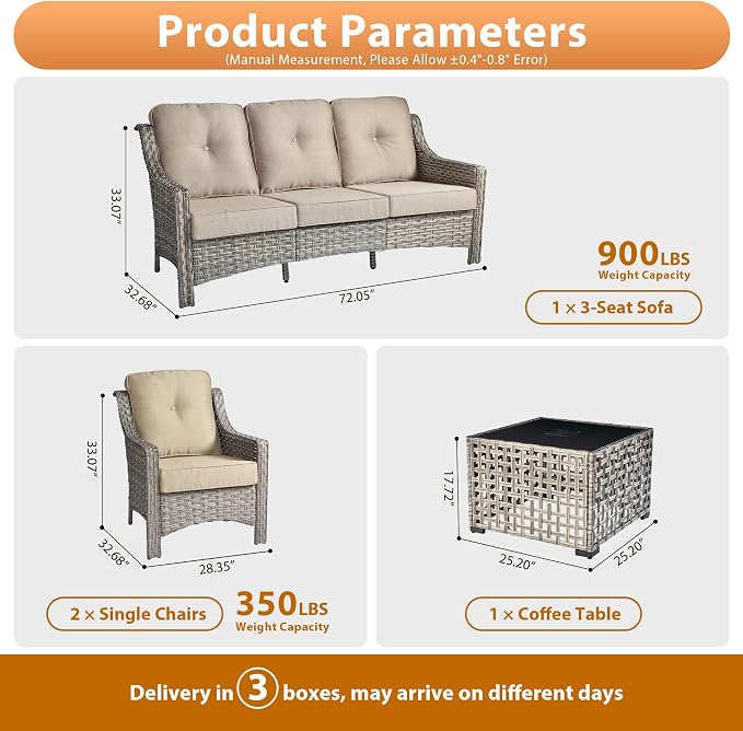 Outdoor Patio Furniture Sets, 4 PCS Patio Conversation Set Outside Rattan Sofa with Solar Light Coffee Table Comfy Cushions Fit Backyard Porch Garden Poolside Balcony,Beige
