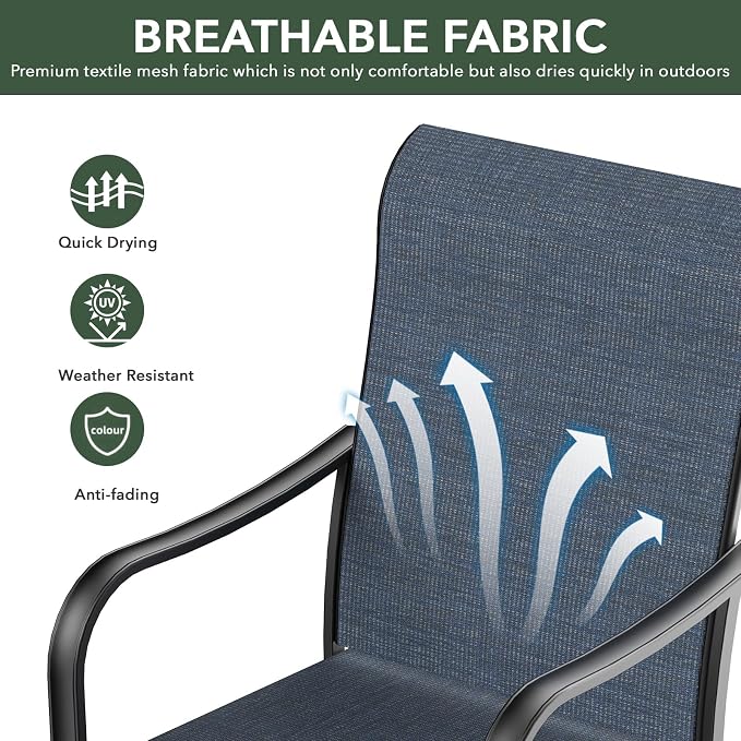 Patio 29" Heigh Rectangle Table and Navy Swivel Chairs Dining Set of 7 Sty2 | 63"x38" Metal Table, 29" Heigh Table Top,All Weather; 6 Piece Swivel Chairs: High Back,Retro Armrest,Textilene Fabric,Rocking