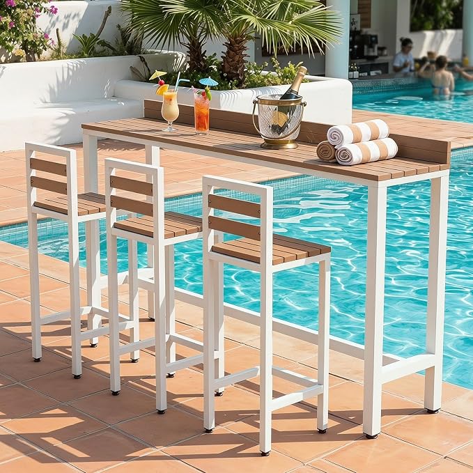 Outdoor Patio Bar Height Table with Baffle, Weather Resistant High Counter Table Porch Pub Tables Wood-Plastic Tabletop, for Poolside Garden Balcony Restaurant Cafe(White,55.1"x15.7"x40.5")