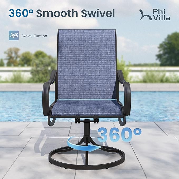 PHI VILLA Outdoor Dining Set for 6, Swivel Mesh Chairs & Metal Table, Blue | 60'' metal rectangular table with umbrella hole and 6 breathable textilene patio chairs, designed for deck, backyard, garden